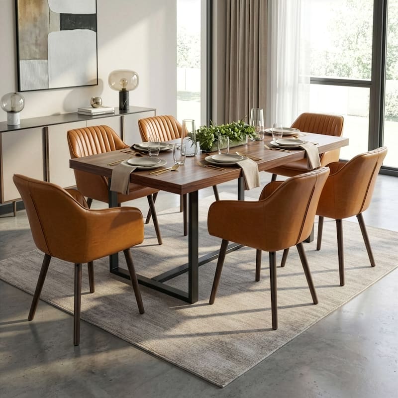 Alaura Caramel Brown Faux Leather Arm Chair with Beech Legs (Set of 2)