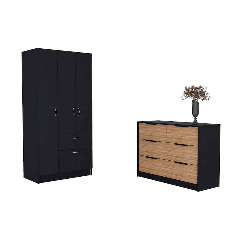 FM FURNITURE Crete 2-Piece Bedroom Set with Armoire and Dresser, Black/Pine