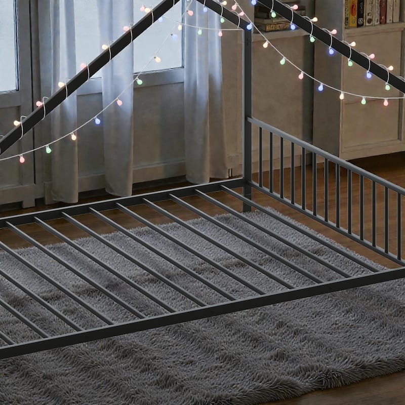 Full Size Kids House Bed Frame with LED Light Strips, Roof-Shaped Metal Floor Bed for Boys & Girls, No Box Spring Needed