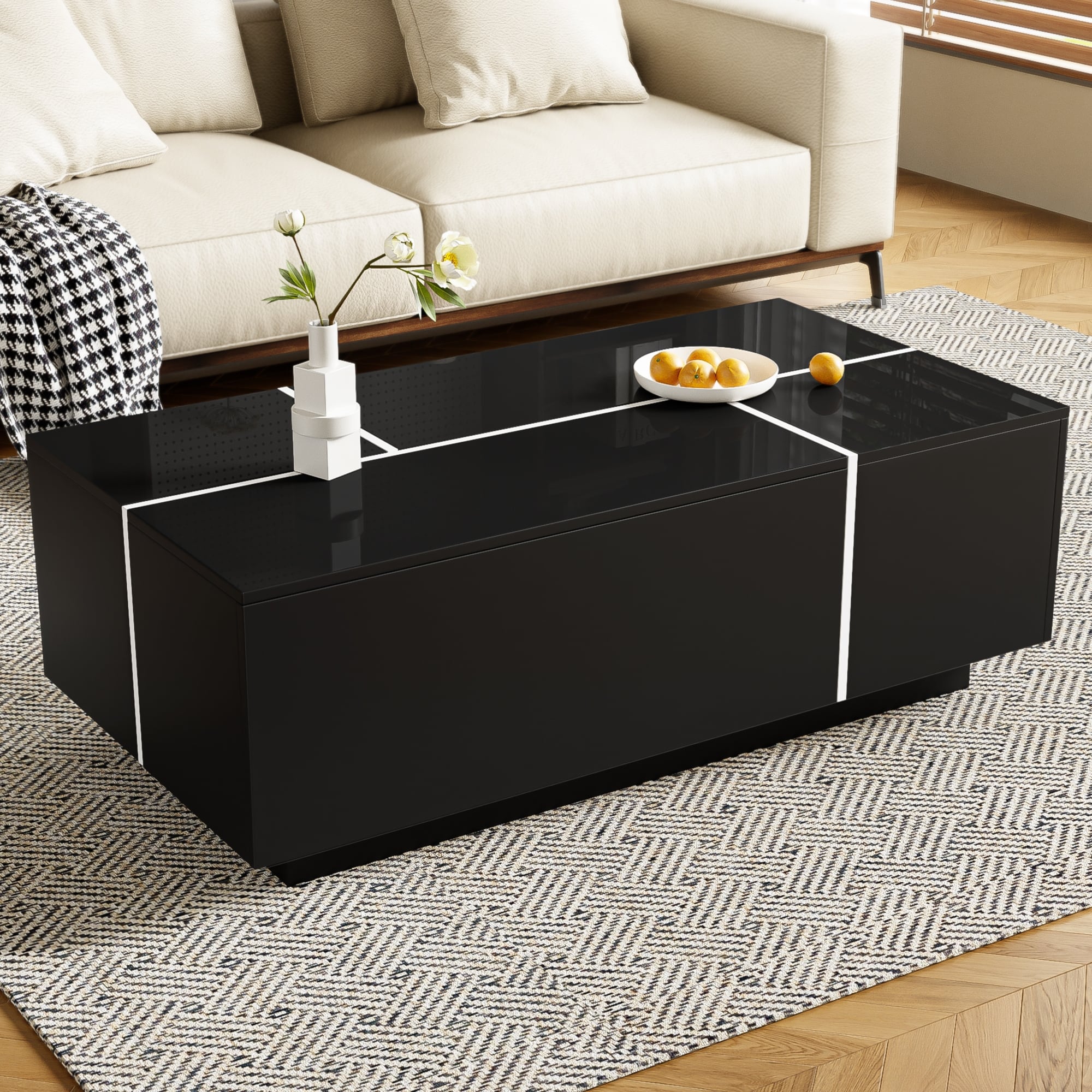 Multi-Functional Coffee Table with 2 Pull-Out Hidden Compartments and 2 Drawers, Modern Center Table for Living Room