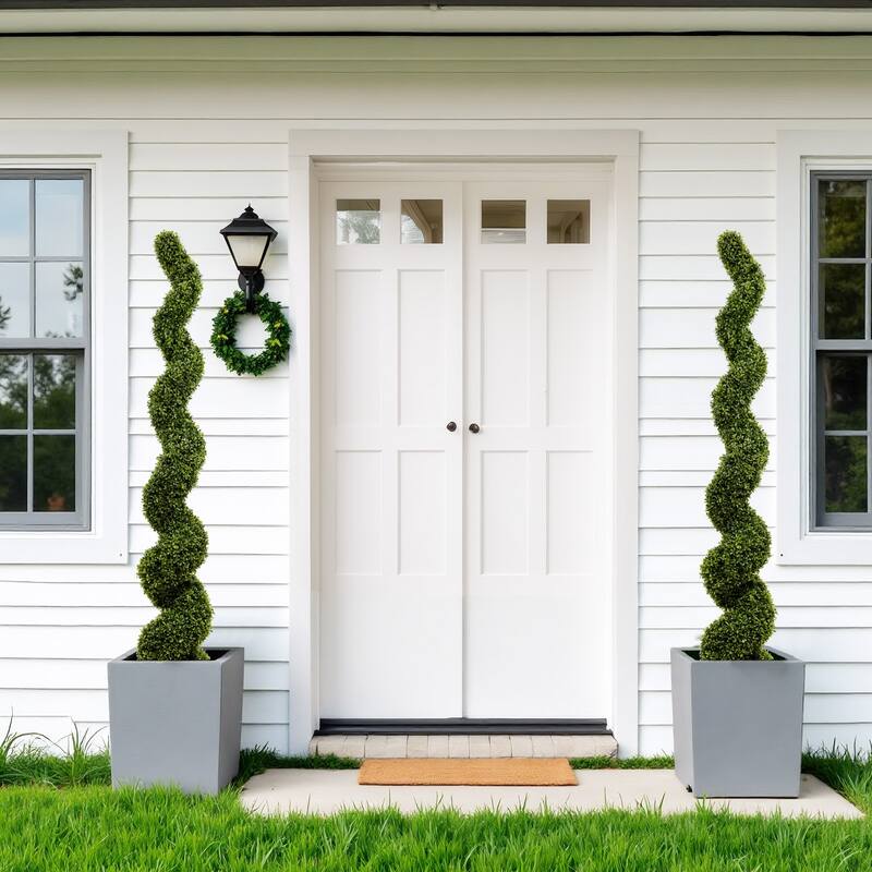 6FT Spiral Topiary Trees Artificial Outdoor Faux Boxwood Plants Large Twisted Green Potted Trees, 2pcs/set