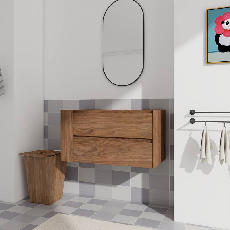 36" Wall-Mounted Bathroom Vanity, Double Soft-Close Drawers, Adjustable Side Rack, 45° Bevelled Invisible Handle