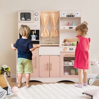 Kids Kitchen Playset with Microwave and Coffee Maker for Ages 3+-Pink - 40" x 13.5" x 43" (L x W x H)