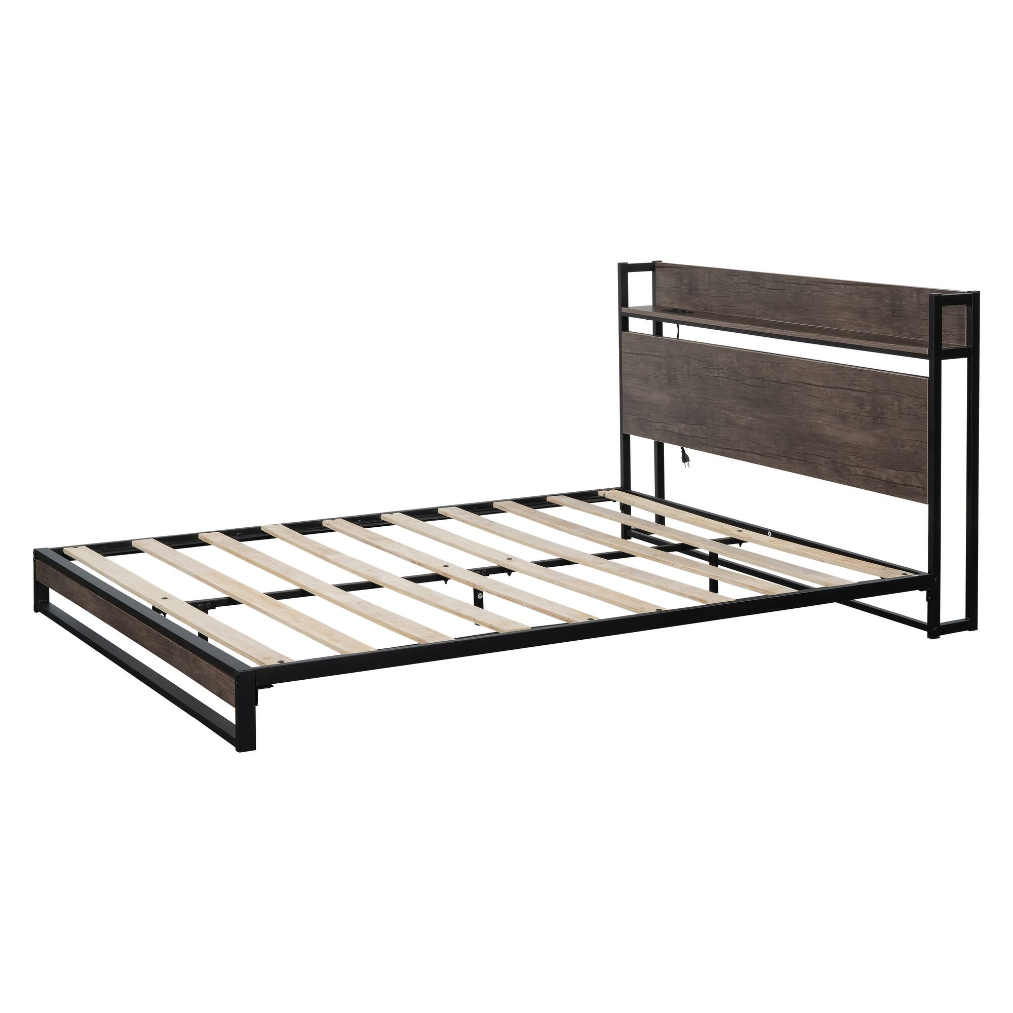 Platform Queen Bed With Socket, Fast Assemble Design Bed Bath