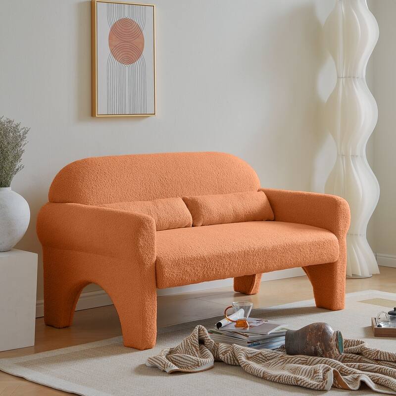 Modern Lambs Wool Fabric Loveseat Sofa with Lumber Pillows for Living Room - Orange