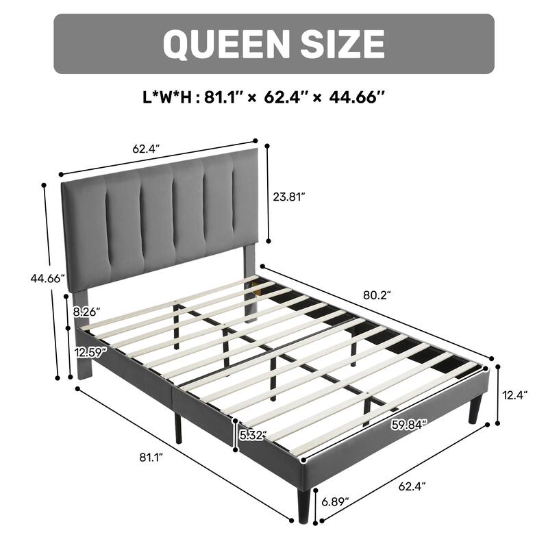 Upholstered Platform Bed Frame with Vertical Stripe Headboard