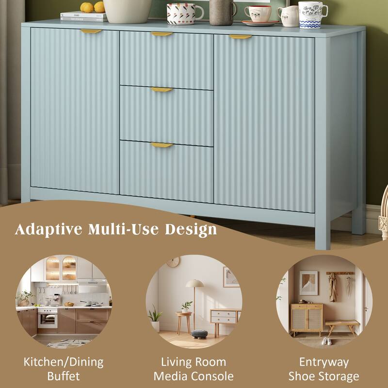 Roomfitters Sideboard Buffet Cabinet with 3 Drawers, Mid-century Modern Fluted Accent Storage for Kitchen & Dining, Cyan