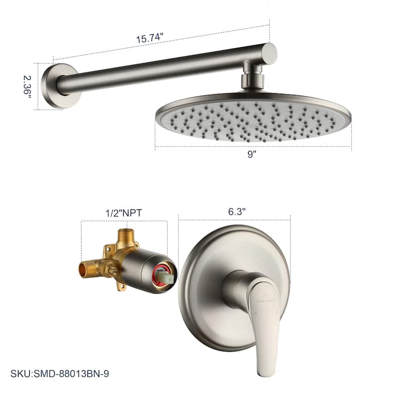 1-Spray Patterns with 9 in. Wall Mount Rain Fixed Shower Head with Valve