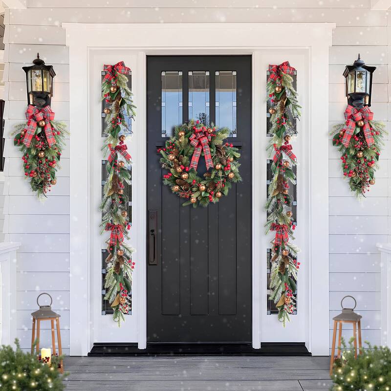 Glitzhome Christmas Bell Pinecone & Berry Bow Wreath Teardrop Garland Wall Decor