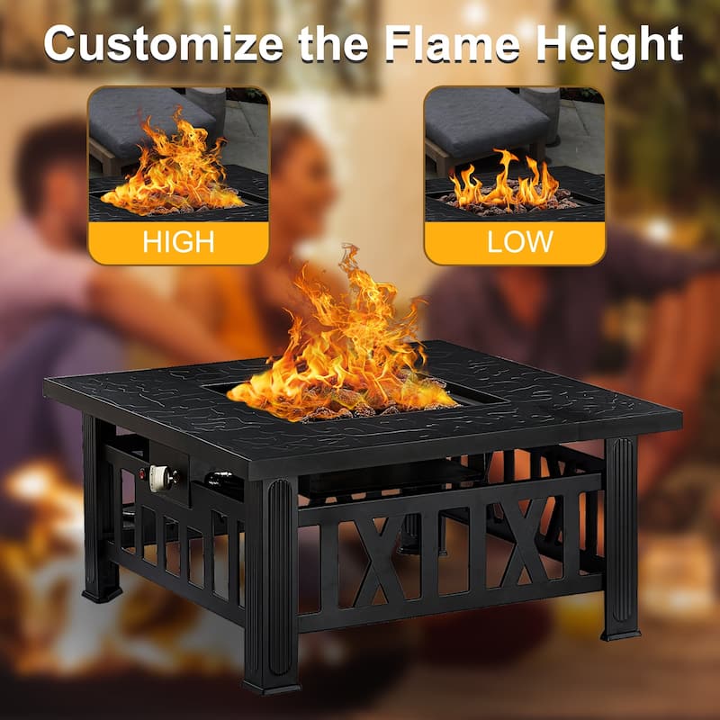 Steel Gas Propane Fire Pits with Lid and Lava Rock, 28 Inch Fire Table, 50,000 BTU Outdoor Fire Pit Table