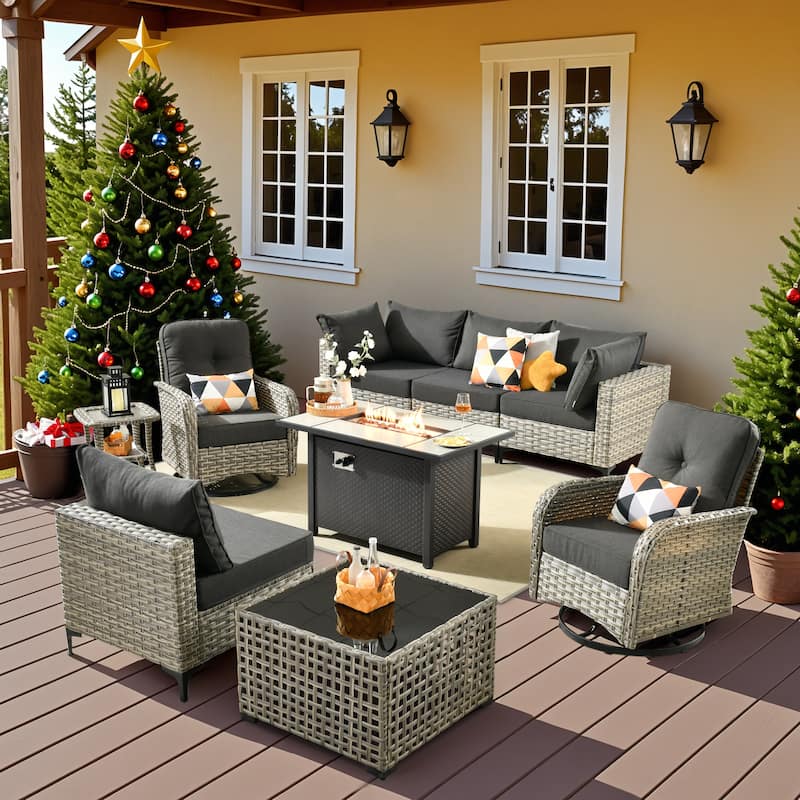 OVIOS 9 Pieces Outdoor Wicker Swivel Chair Set With Fire Table - Black