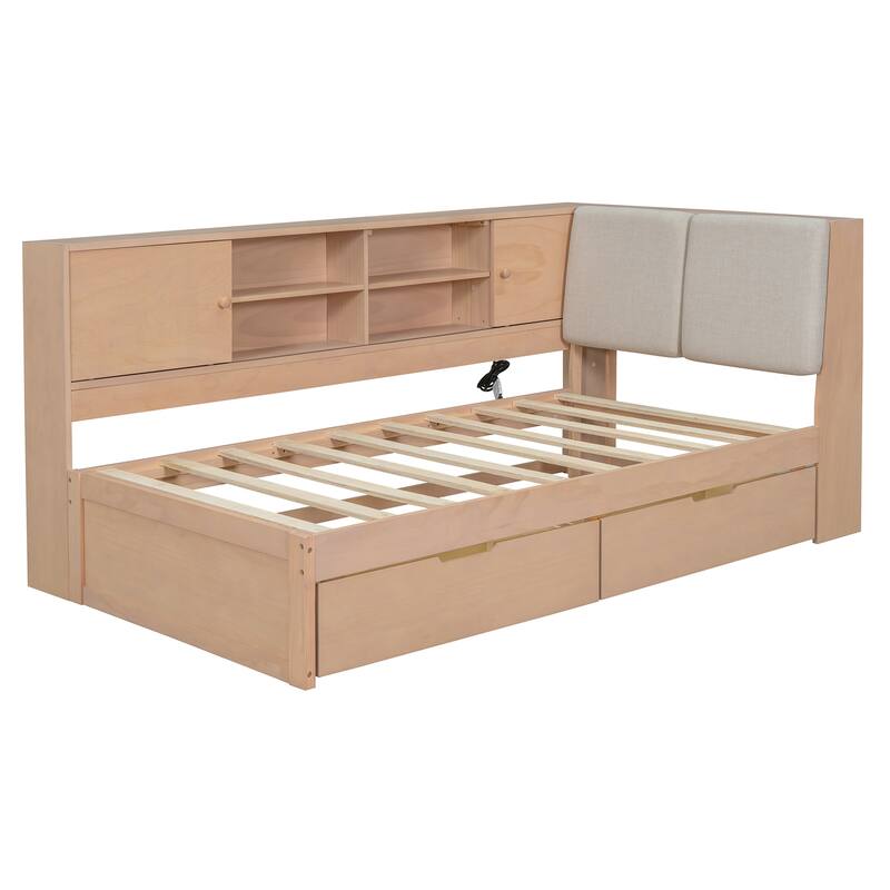 L-Shaped Daybed with Bookcase & USB Charging Port, Wood Floor Corner Bed Frame with Storage Drawers & Upholstered Headboard