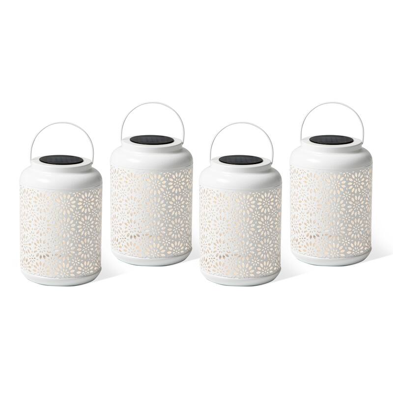 Glitzhome 8.75"H Outdoor Waterproof Metal Solar Hanging Lantern with Flower Leaves Decor