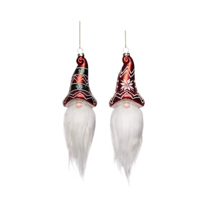 Transpac Glass Fuzzy Beard Gnome Ornament Set of 2 Christmas Home Decorations