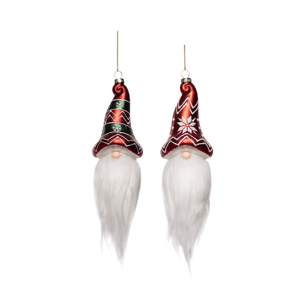 Transpac Glass Fuzzy Beard Gnome Ornament Set of 2 Christmas Home Decorations
