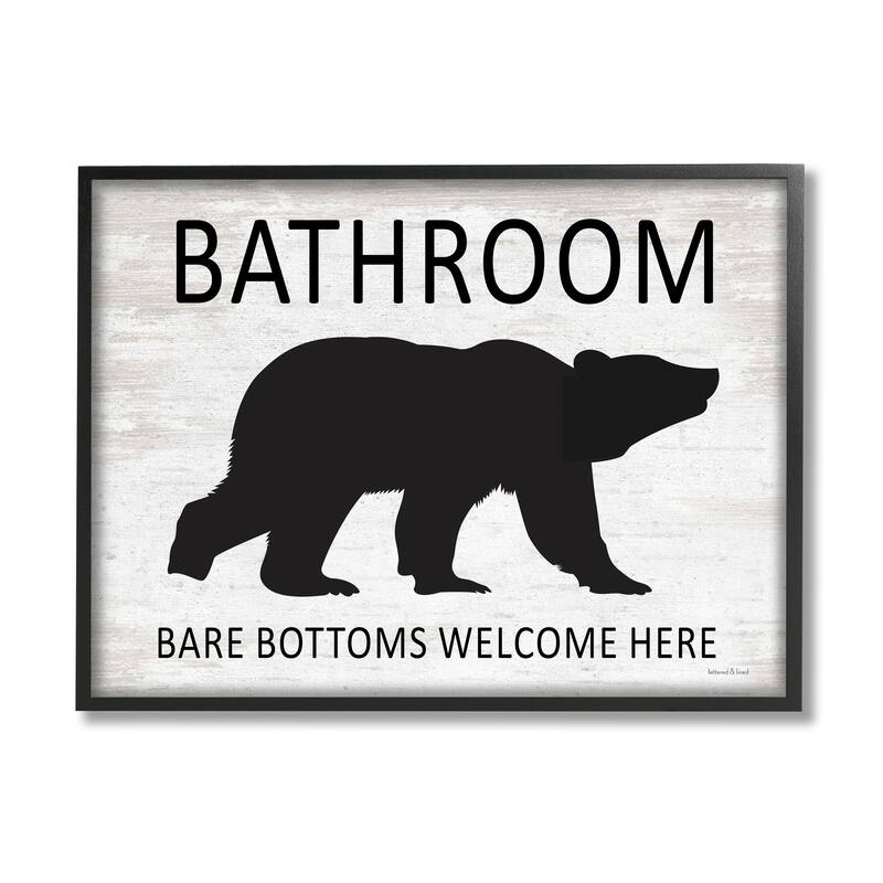 Stupell Bathroom Bare Bottoms Welcome Here Funny Rustic Bear Framed Wall Art - Off-White