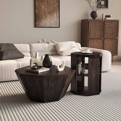 31.5 "Octagonal Black Walnut Rubber wood Set of Two Coffee Table, Coffee Table, Living Room Bedroom(Set of Two Pieces)