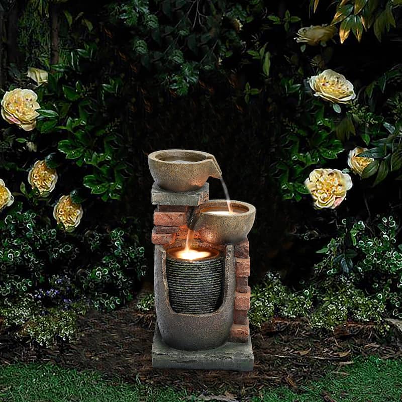 23" H Bowls and Bricks Resin Outdoor Fountain with LED Lights