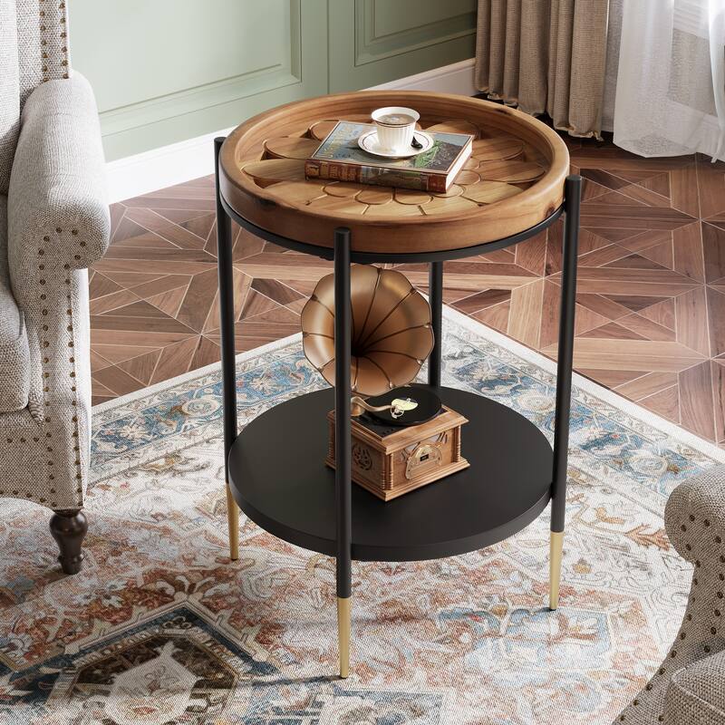 2 Tier Round Side Table with Solid Wood Top and Metal Frame for Living Room ,Bedroom - 1-Piece