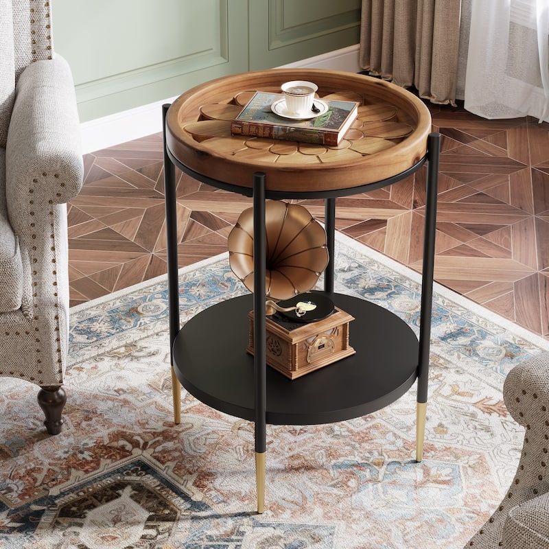 Solid Wood Side Table, 2-Tier Round End Table with Unique Patterns, Tray Top - Brown + Black