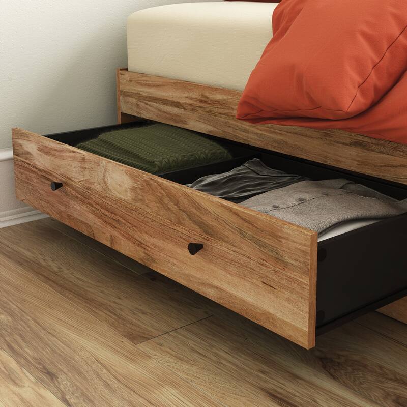 Twin Bed with Storage Drawers in Brown Finish - Space-Saving Platform Design