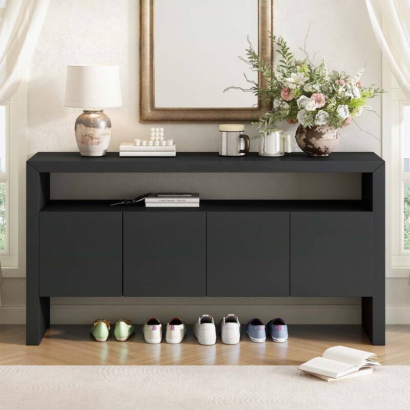 Modern Wood Sideboard with Open Shelf,for Multiple Living Spaces - Black