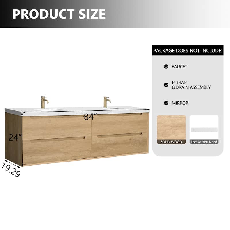 24"36"48"60"72"84" Floating Bathroom Vanity with Engineered Top Rectangulare Sink Solid Wood