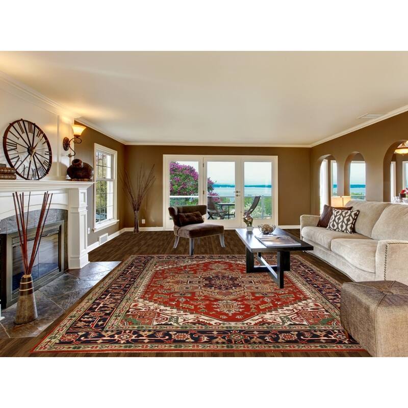 Geometric Medallion Heriz Serapi Area Rug Hand-Knotted Wool Carpet - 8'11"x 11'9"