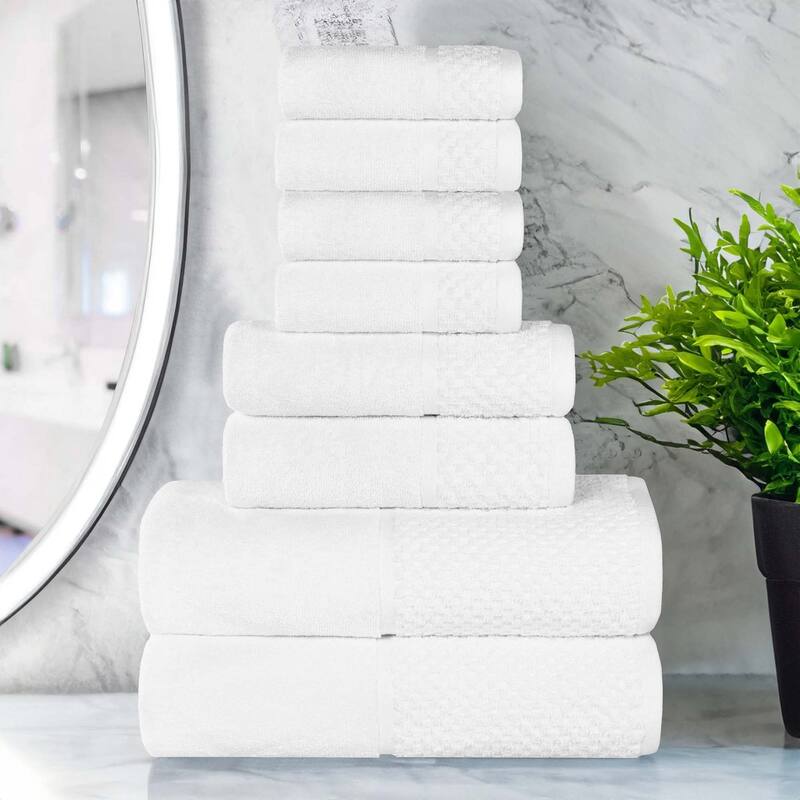 Superior Lodie Cotton Jacquard Solid and Two-Toned 8 Piece Towel Set - White/White
