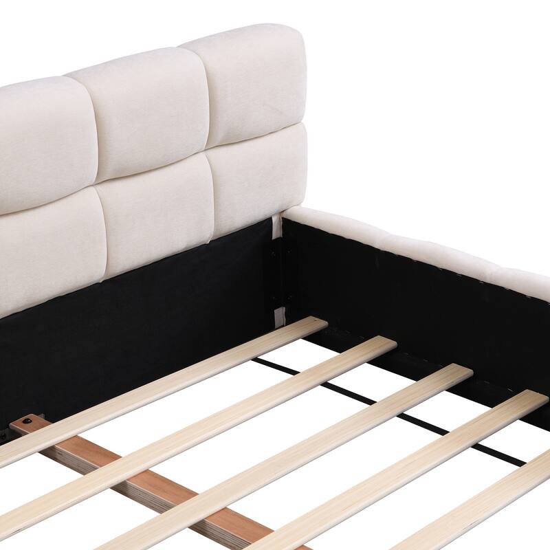 Elegant Beige Chenille Upholstered King Bed with Checkerboard Headboard Design