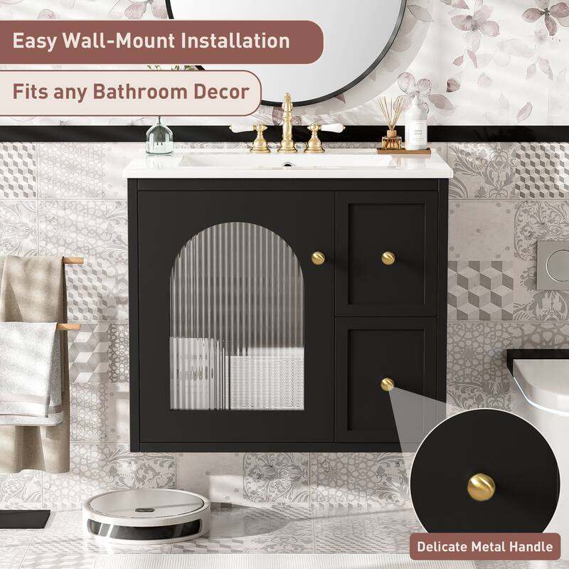 24" Wall-Mounted Bathroom Vanity with Ceramic Sink - Space-Saving Design, 2 Drawers and Soft-Close Door - Black