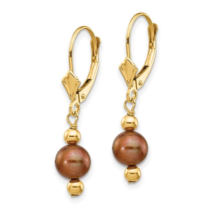 Curata 14k Yellow Gold 30x5mm Brown Freshwater Cultured Pearl and Bead Leverback Dangle Earrings