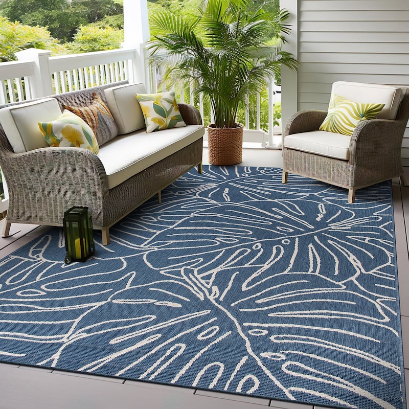 World Rug Gallery Contemporary Tropical Leaves Indoor/Outdoor Area Rug - 7' 10" x 10' - Blue