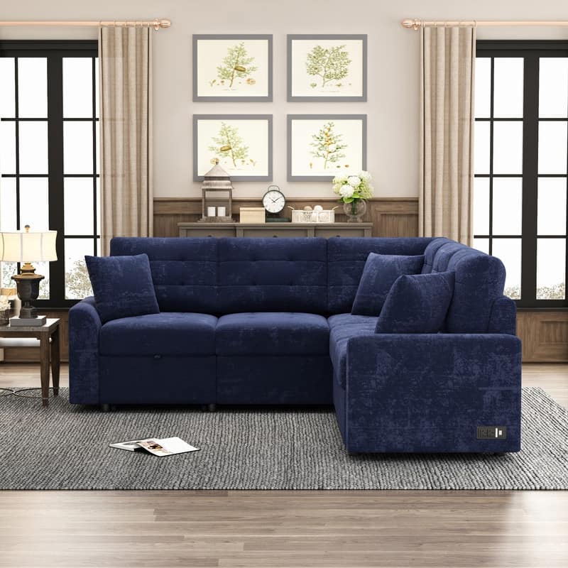 82.6" Modern Upholstered Sleeper Sofa with Pull-out Bed,L-shaped Sectional Sofa with Charging Station