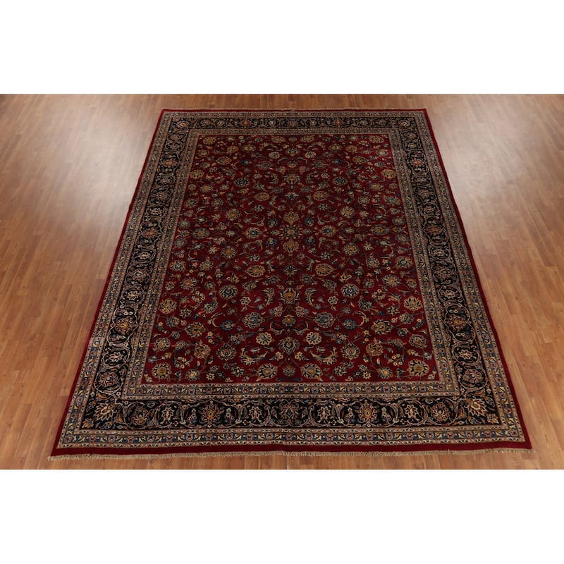 Vegetable Dye Red Kashan Persian Vintage Rug Hand-Knotted Wool Carpet - 9'8"x 12'3"