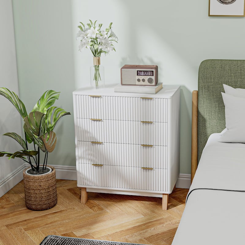 HOMCOM Fluted Dresser for Bedroom with 4 Drawers, 28" Wide Chest of Drawers with Gold Finger Pulls and 4 Wood Legs, Natural Wood