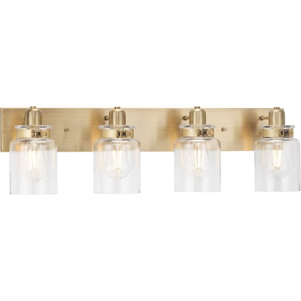 Calhoun Collection Four-Light Vintage Brass Clear Glass Farmhouse Bath Vanity Light - 30.25 in x 6.875 in x 8.625 in
