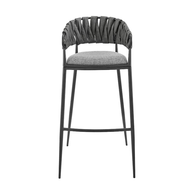 Mimy 30 Inch Barstool Chair, Gray Faux Leather Strap Back, Black Iron