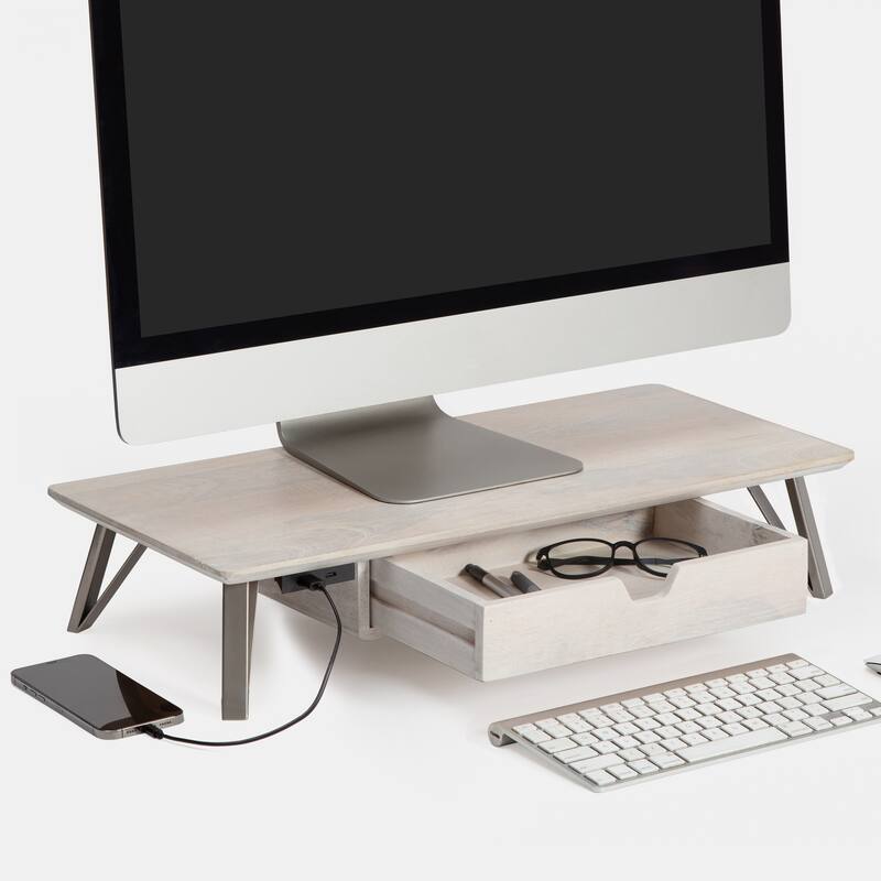 Jani Wood Monitor Stand Riser Desk - Ergonomic Design Stand, Desktop Organizer Table for Home, Office Workspace, Gaming Desk - Off-White