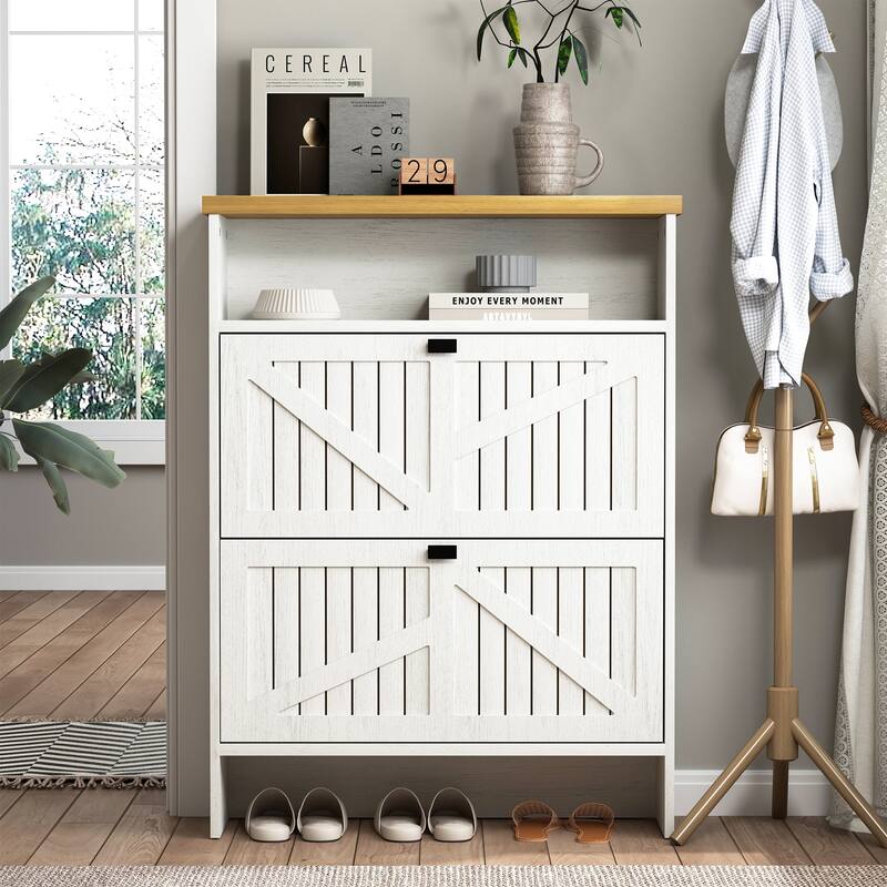Multi-Functional Modern Minimalist Natural The Upper And Lower Folding Four-Layer Mdf Shoe Cabinet, 31.5*9.5*42.3 Inches