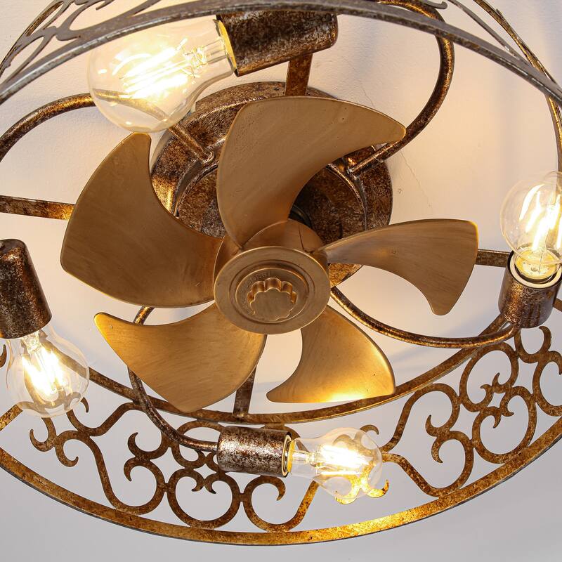 18-inch Rustic Gold Metal Caged Flush Low Profile Celing Fan with Remote and APP Control