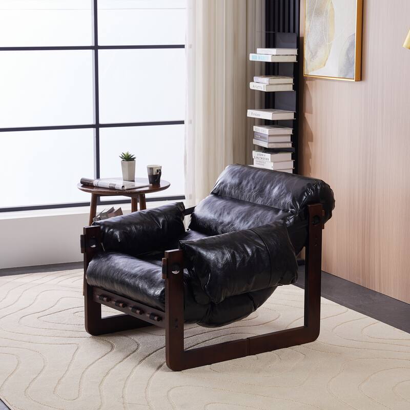 Lounge Chair Oil Wax Leather Sofa Chair with Removable Armrests, Rubber Wood Decorative Chair for Living Room
