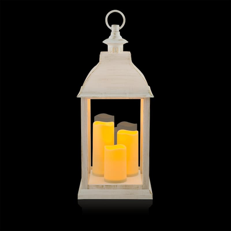 Alpine Corporation 22" Tall Outdoor Battery-Operated Lantern with LED Lights, White