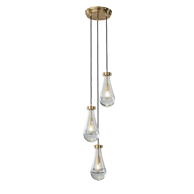 3-Light 9" Farmhouse Raindrop Glass Antique Brass Chandelier Rustic Teardrop Cluster Pendant Light for Kitchen Island - W9'' - W9'' - Antique Brass