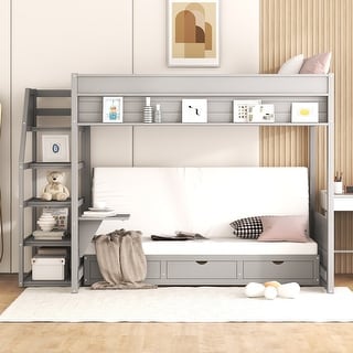 Space-Saving Full Size Bunk Bed with Storage Staircase, Solid Wood Convertible Bunk Beds with Bedside Table and 3 Drawers, Grey