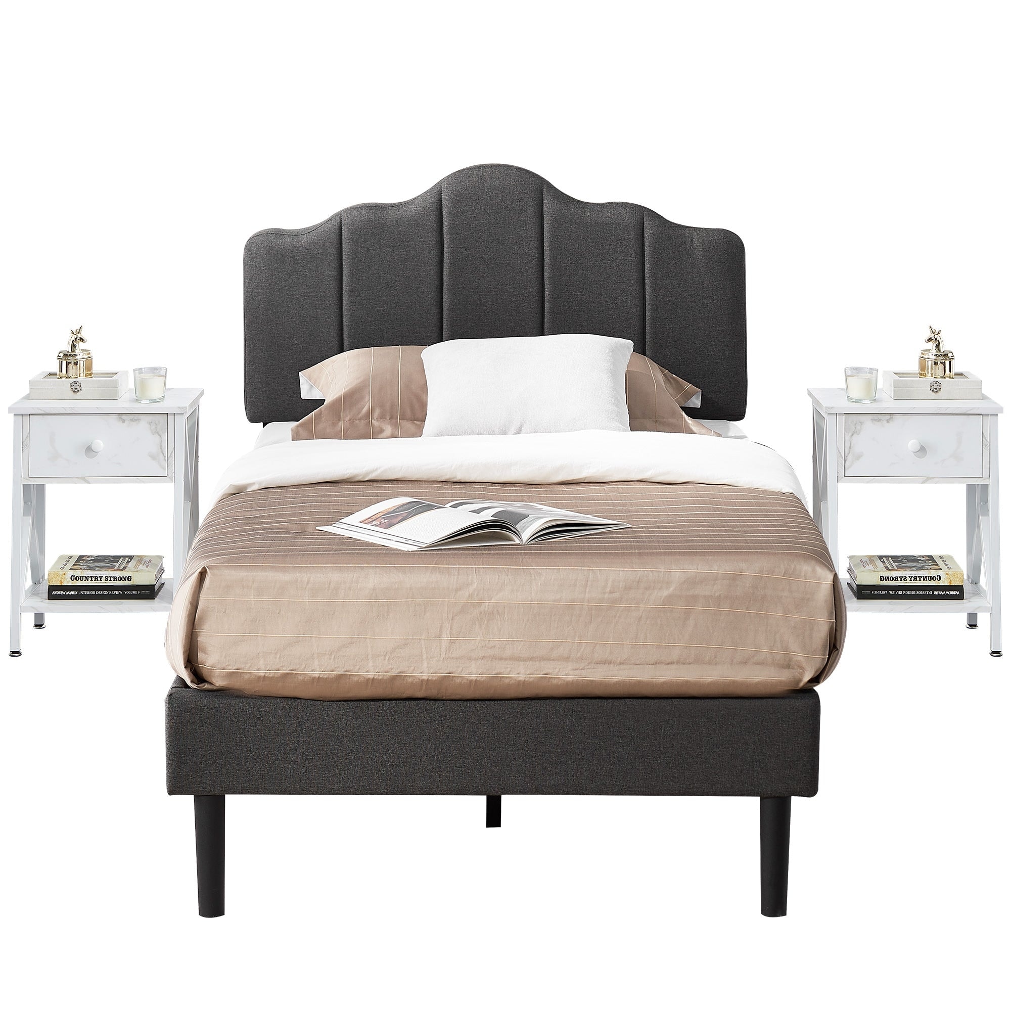 VECELO 3-Pieces Bedroom Set with Dark Grey Adjustable Upholstered Bed