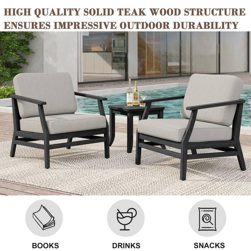 2 Set Patio Teak Wood Outdoor Chair and Side Table Set with Cushions
