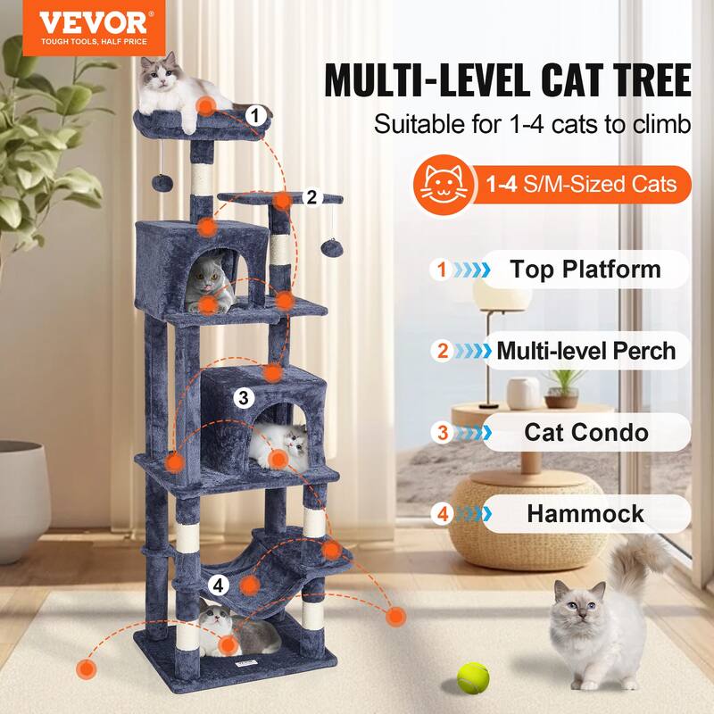 Cat Tree for Indoor Cats, 63" Cat Tower with 2 Cat Condos, Sisal Scratching Post, Hammock, Top Perch, Jumping Platforms,
