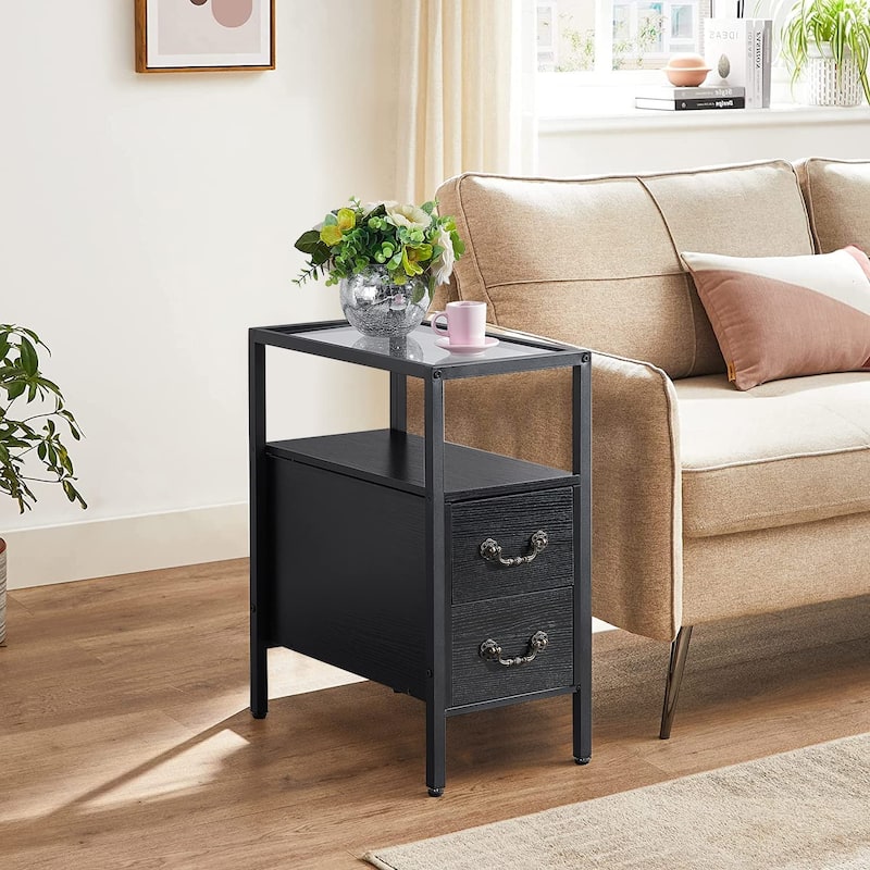 Industrial Tempered Glass Narrow Nightstands /End Side Tables with 2 Drawers(Set of 2)