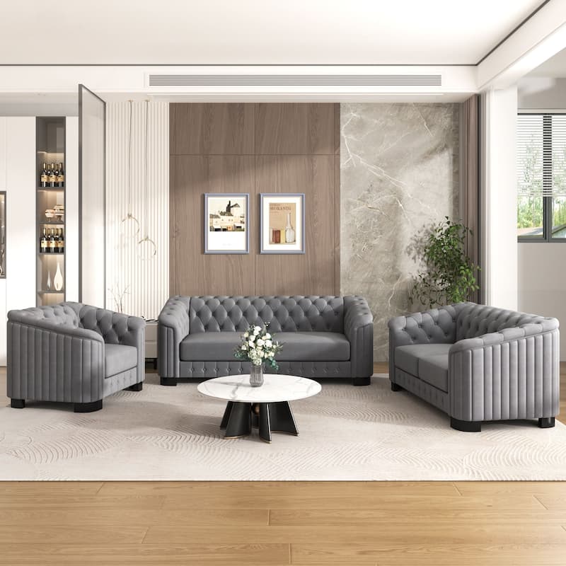 3 Pieces Modern elvet Upholstered Living Room Sofa Set Sectional - Combo Set (Grey)